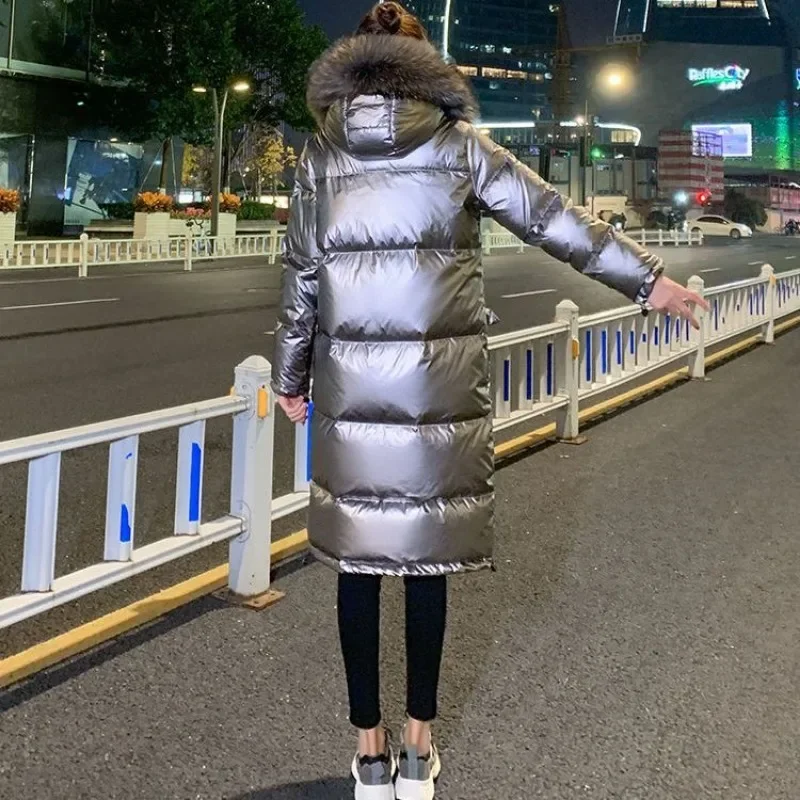 New Women Down Cotton Coat Winter Jacket Female Bright Face Knee Length Parkas Hooded Outwear Thicken Fur Collar Overcoat