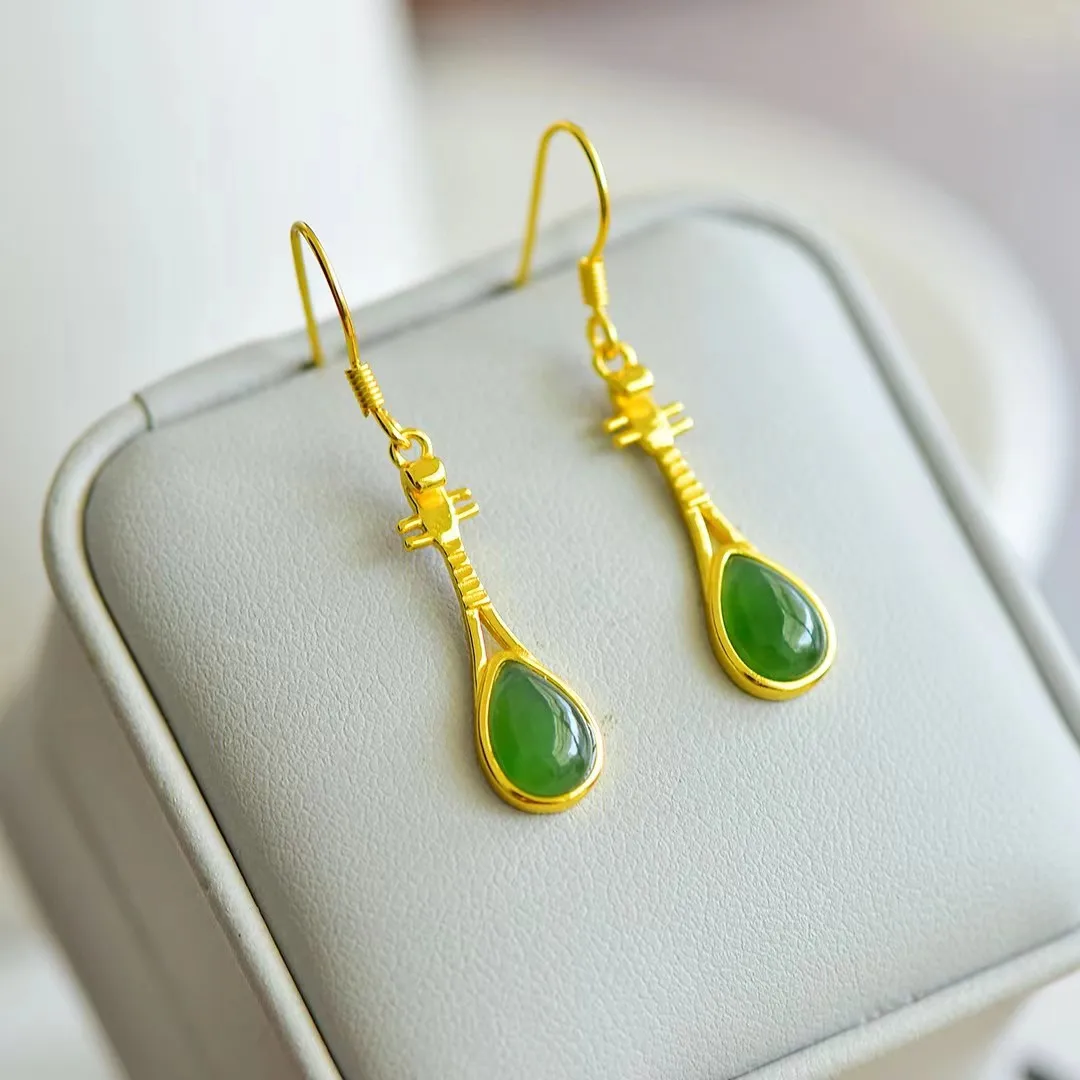 Pendientes de jaspe con incrustaciones de plata S925 para mujer, pendientes de gancho de Jade hetiano Natural, joyería de moda, regalo de joyería con estilo de piedras preciosas