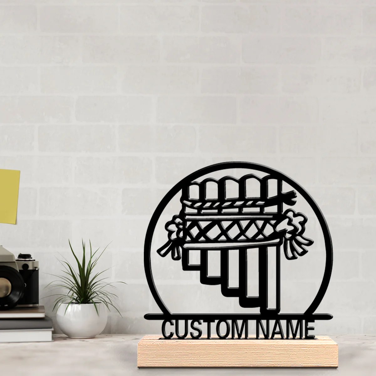 1pc Pan flute Custom Text Metal Statue Iron Ornament Art Craft With Wood Base Metal Sculpture With Wood Base For Home Desk Decor