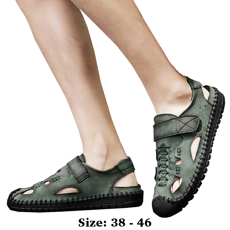 

High quality leather flat sandals for men round toes new summer 2025 size 38 46 casual outdoor walking big size shoe khaki green