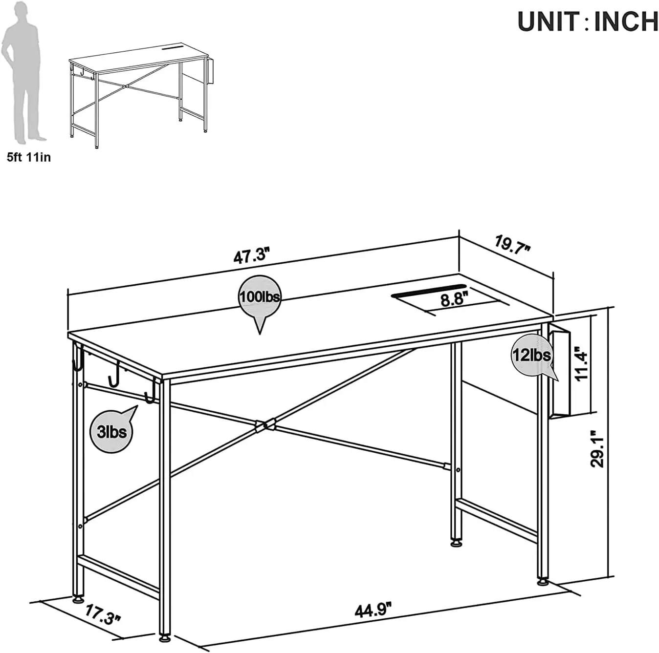 47 Zoll einfacher Stil tragbarer Tisch Büro aus Holz Desktop-Mount-Computer tisch mit Tasche und Eisen haken, graue Lesung