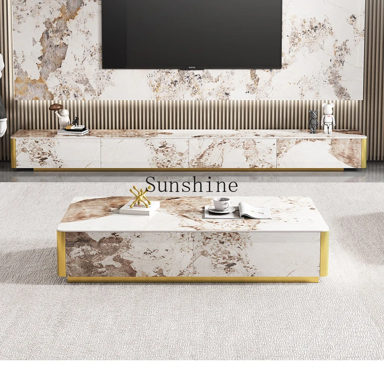 

Rock slab TV cabinet coffee table combination living room Italian light luxury floor