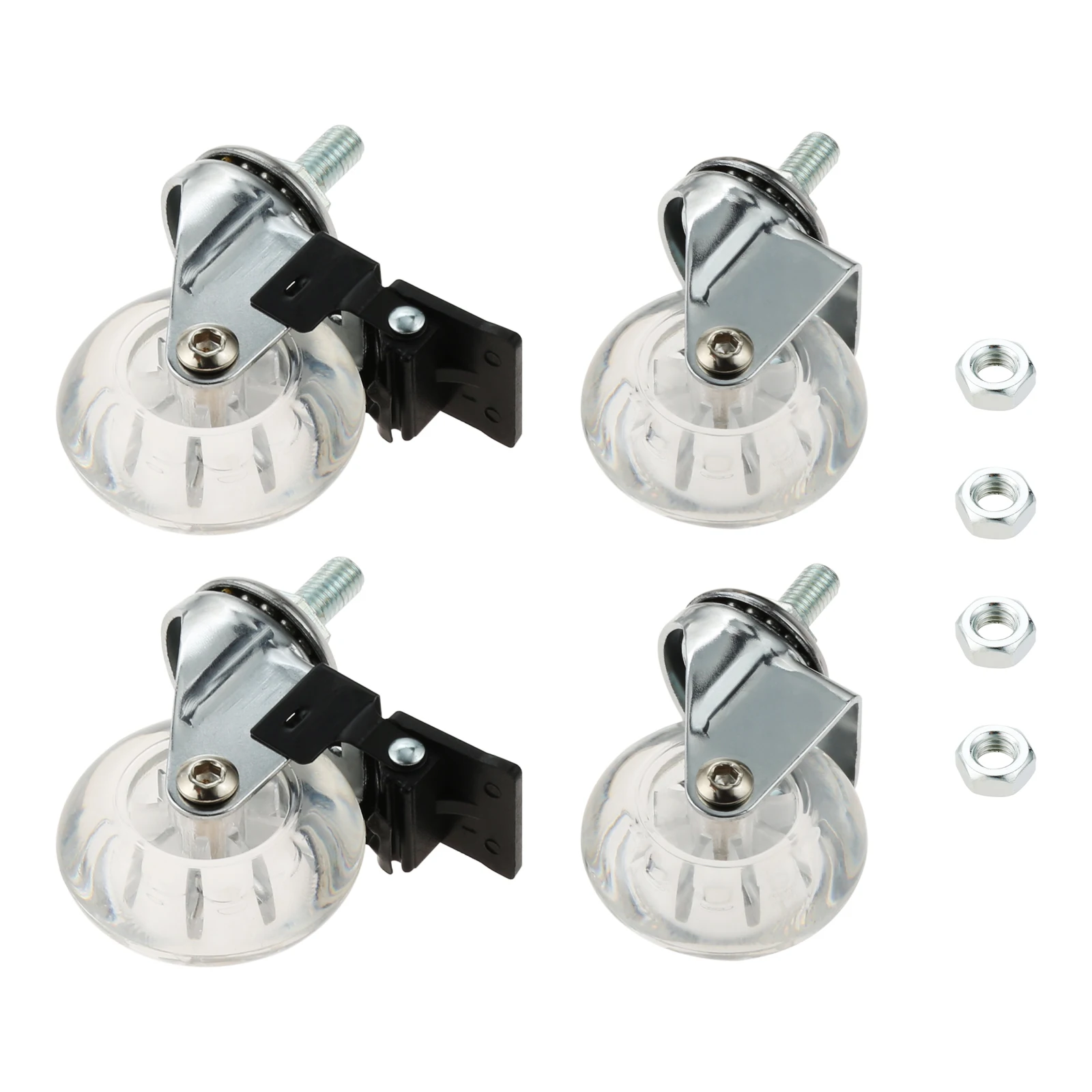 4pcs Threaded Stem Casters 2In Clear PU M8 Swivel Wheel with/without Safety Brake Nuts Office Chair Desk Baggage Quiet Smoothly