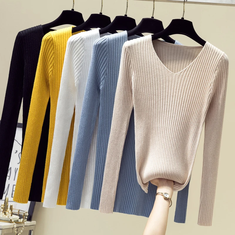 V-neck Solid Autumn Winter Sweater Women Pullover Female Knitted Sweater Slim Long Sleeve Badycon Sweater Cheap Tops 2024