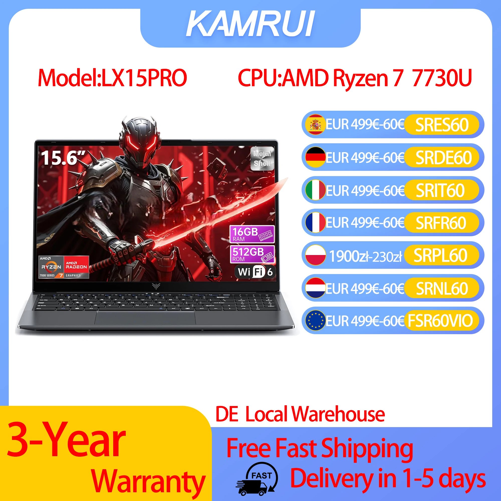 Laptop do gier KAMRUI 15.6 z procesorem AMD Ryzen7 7730U, 16 GB pamięci RAM DDR4, dyskiem SSD o pojemności 512 GB, WiFi 6, systemem Windows 11, komputer do edycji wideo.
