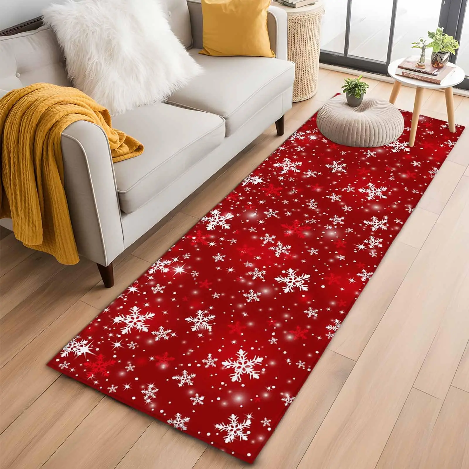 VIKAMA Hallway Runner Rug 2'x6' Red Snowflake Christmas Washable Non-Slip Winter Xmas Snowflake Bedside Floor Mats Home Decor