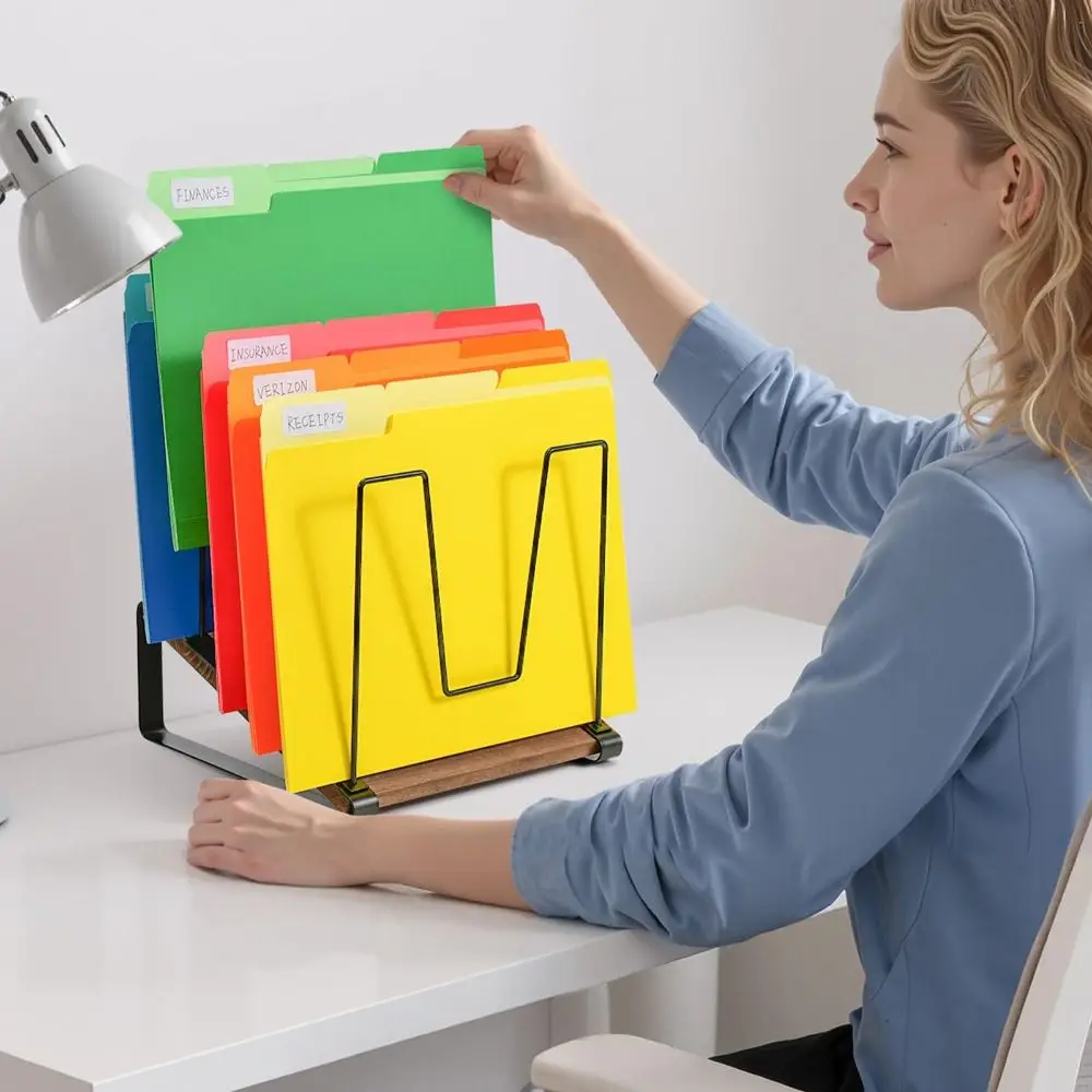 

5-Section Inclined Desk File Organizer Vertical with Wooden Base Metal File Sorter Rack Multifunctional Space Saving