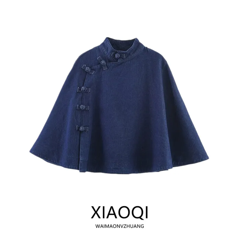 

Fall 2025 New Women's High Collar Loose Denim Rope Bule Decorated Cowl Ne Jaet Outerwear Commute Sle 00% Other Material