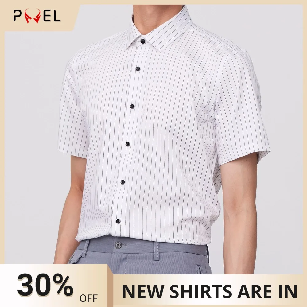 Men's Short Sleeve Sleek Stretch Striped Dress Shirt without Pocket Comfortable Summer Casual Wrinkle Free Button-up Shirts