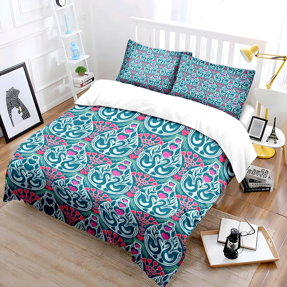 Repeating Swan and Heart Pattern Design Bedding Set 1 Duvet Cover 2 Pillowcases for Adult and Children Luxury Gift Full Size