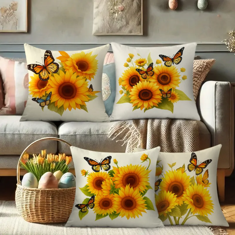 Vibrant Sunflower Butterfly Print Pillow Covers Set Four Piece Accent Cushion Throw Pillowcase Home Decor Gift
