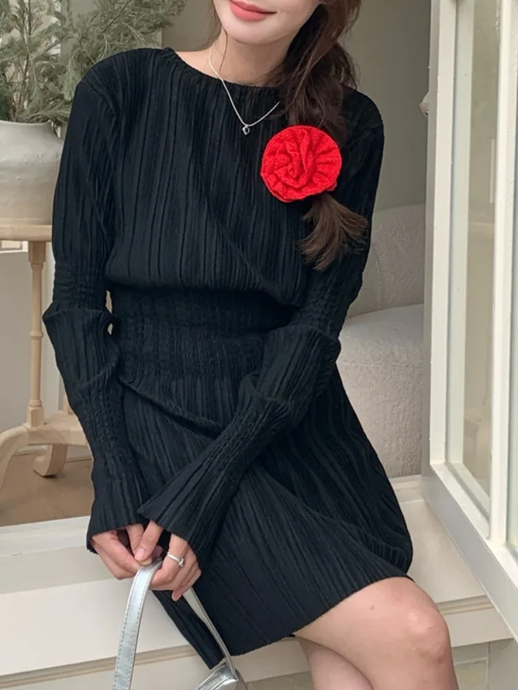 

Retro Pleated Long Sve Dr Women's Slimming Waist Cinched Ele Little Bla Dr Autumn New Sle Commute Sle