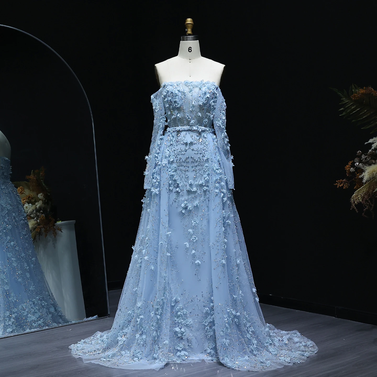 샤론 사이드 우아한 3D 꽃 두바이 이브닝 원피스, 오버 스커트 라일락 긴 소매 여성 웨딩 파티 가운, SS352 맞춤형