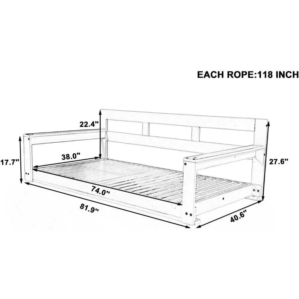 إطار سرير نهاري متأرجح للشرفة بحجم مزدوج، كرسي أرجوحة للشرفة الخارجية، مقعد معلق مع 4 حبال معلقة للحديقة والفناء الخلفي #2