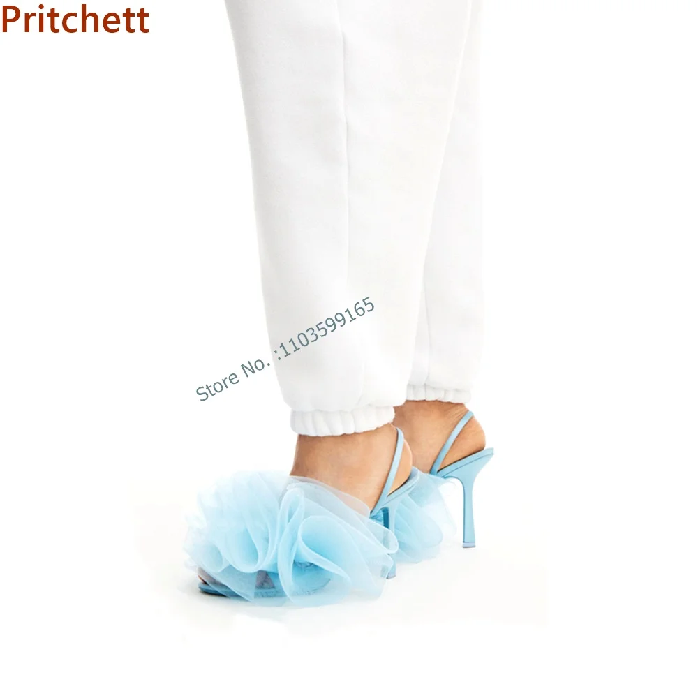 

Solid Gauze Flower Sandals Peep Toe Thin Heel Slip On Slingback Blue Pink Stiletto Shoes Party Runway Lovely Sweet Fashion Shoes