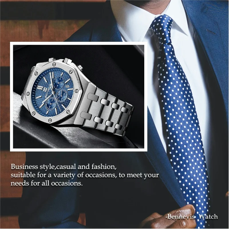 Men\'s Quartz Watch Oak Series with 43mm Quartz Movement Three Eye Six Needle Dial with Calendar Steel Strap 30 Meter Waterproof