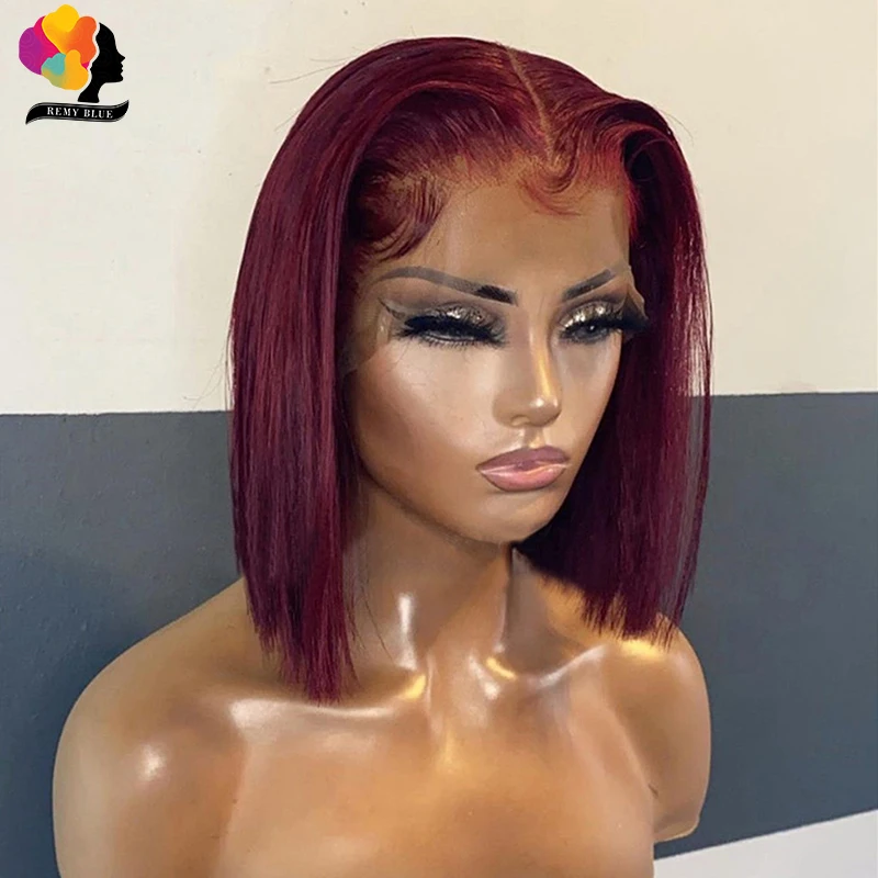 Burgundy Bob Wig Lace Front Human Hair Wigs Pre-Plucked 99J Red Blonde Colored Straight Human Hair Wigs 13x1 Lace Front Wig