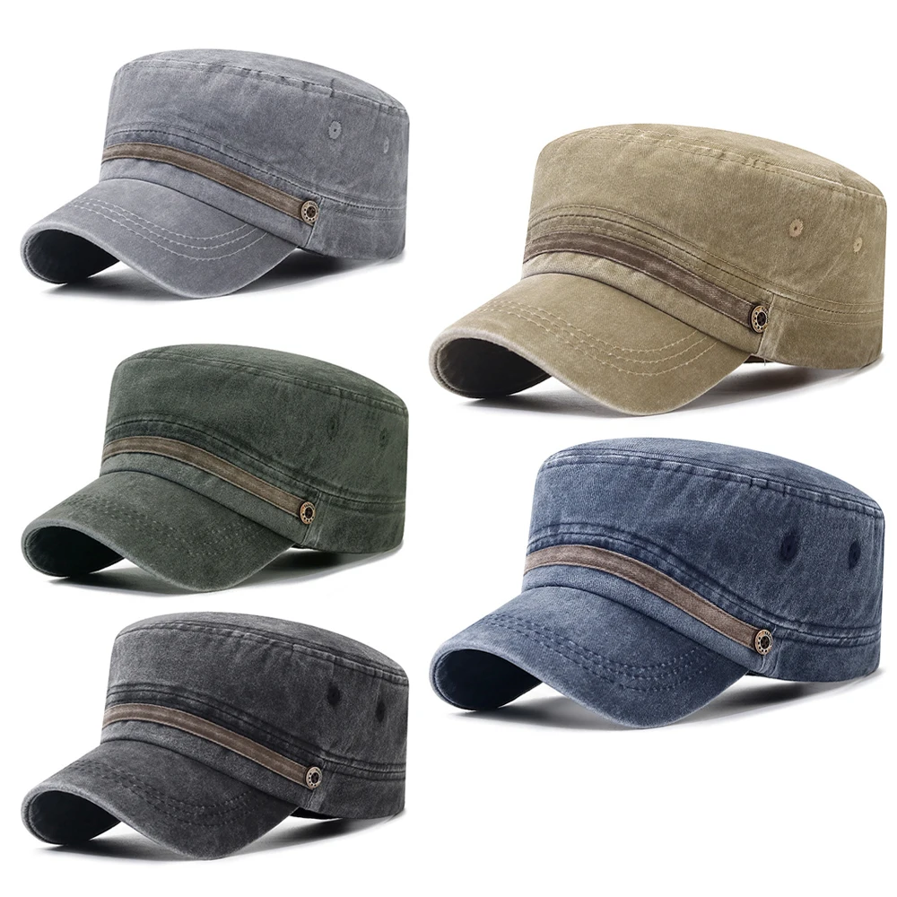 1PC 2024 New Men Vintage Army Denim Adjustable Baseball Cap Cotton Cadet Hat Military Breathable Flat Cap Spring Summer Sun Cap