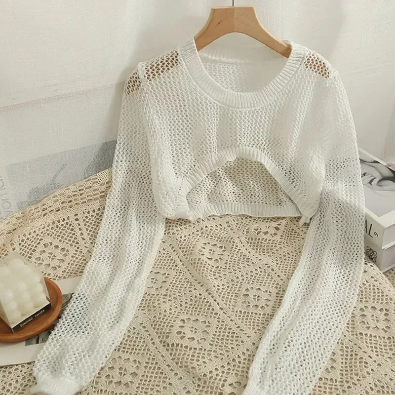 Summer and Autumn Hollow Thin Long-sleeved Shirt Women\'s Round Neck Short Knitted Blouse Drop Shipping Wholesale Sweaters