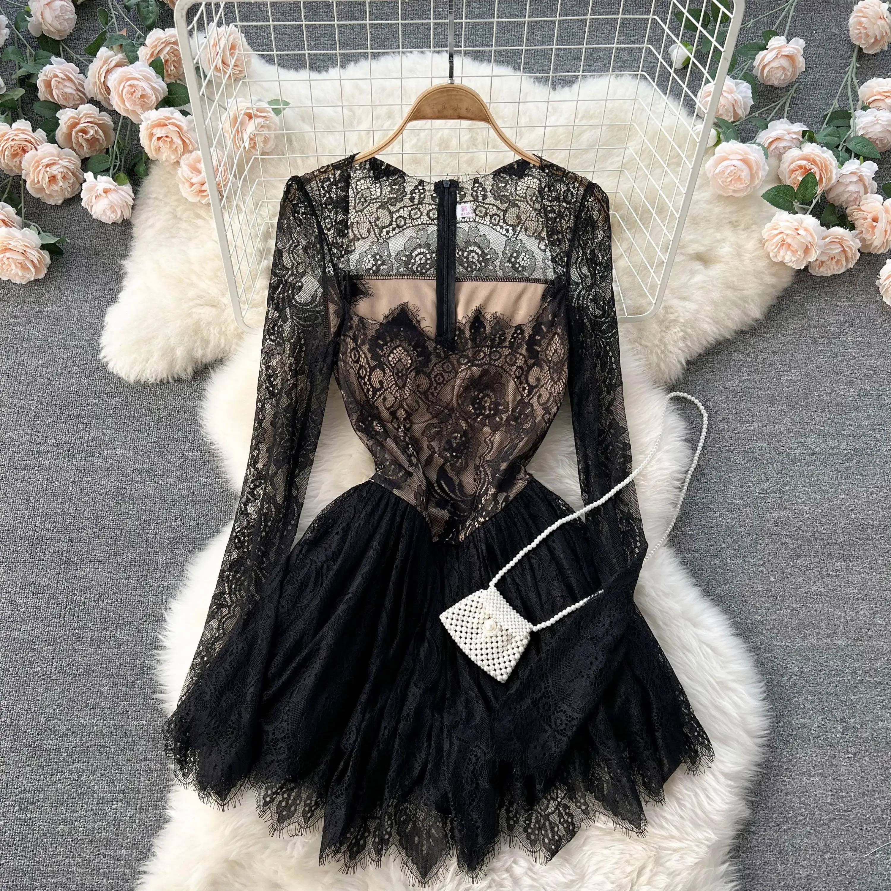 ZCWXM Black Lace Dress Woman Crochet Floral Sexy Temperament Robe Vetidos Feminino Patchwork Gauze Korean Y2k Mini Dresses