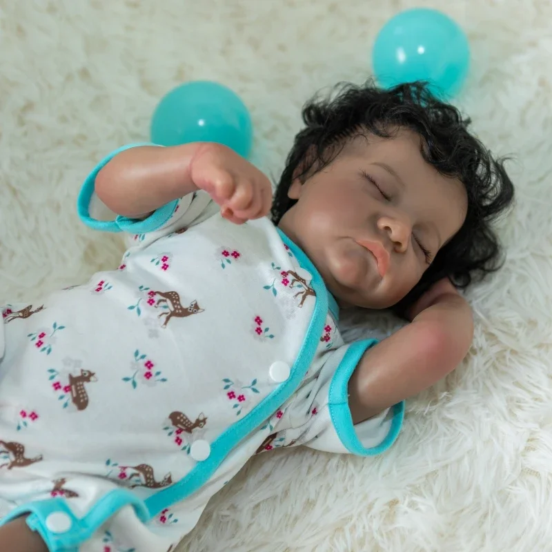 NPK 50CM Soft Body Flexible Reborn Baby Handmade Levi Black Skin African American Baby Handrooted Hair with Bottle and Pacifier