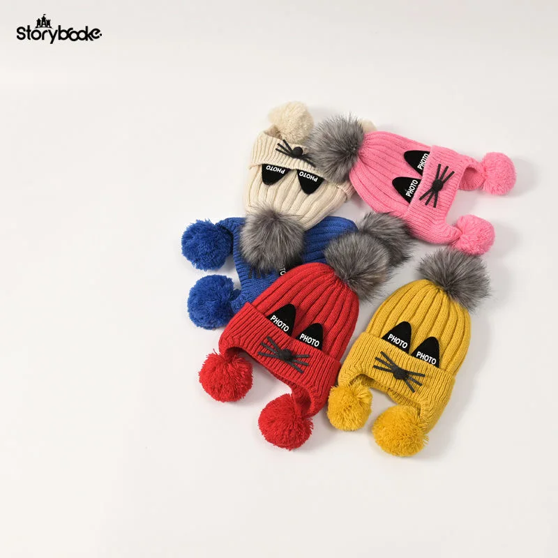 Hat scarf gloves Baby hat scarf gloves three-piece set Autumn/winter children\'s woolen hat boy/girl cartoon cat beard