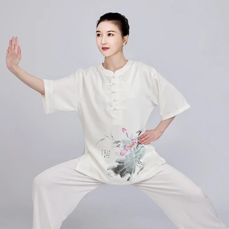 

Summer Breathable Short Sleeve Kung Fu Shirts Wing Chun Training Vintage Sport Tops Martial Arts Taichi Uniform White Top Shirt