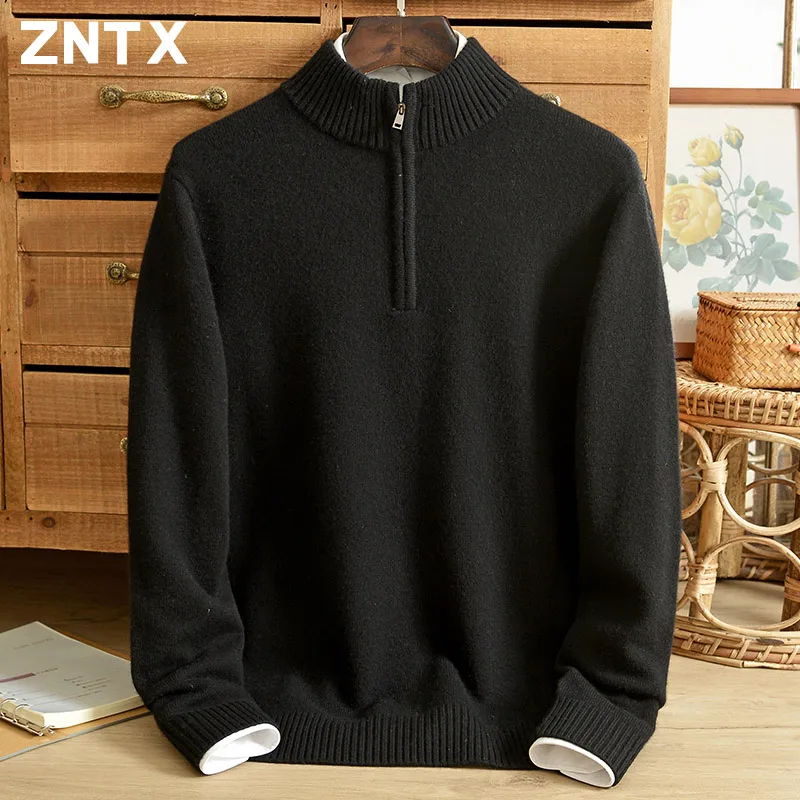 

ZNTX Autumn/Winter New Zipper Half High Neck Men's Pure Cashmere Sweater Solid Color Middle aged Dad Casual Knitted