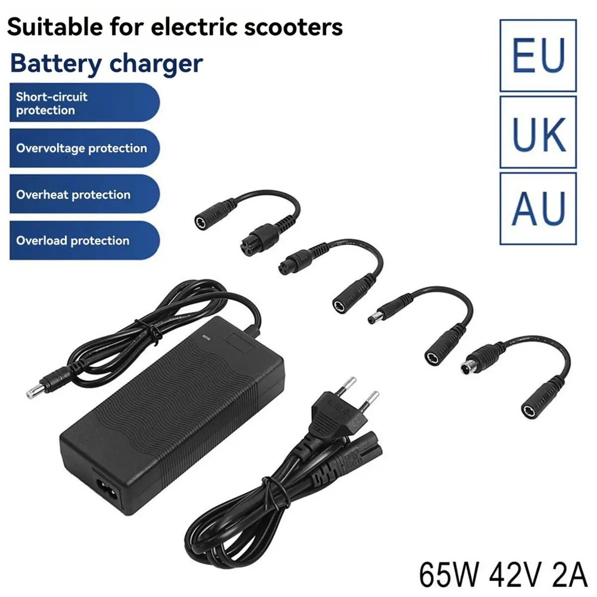 

(X07A) Зарядное устройство для литиевых аккумуляторов 65W 42V 2A для скутеров с кабелем-адаптером, запчасти для зарядки электросамокатов, вилка AU