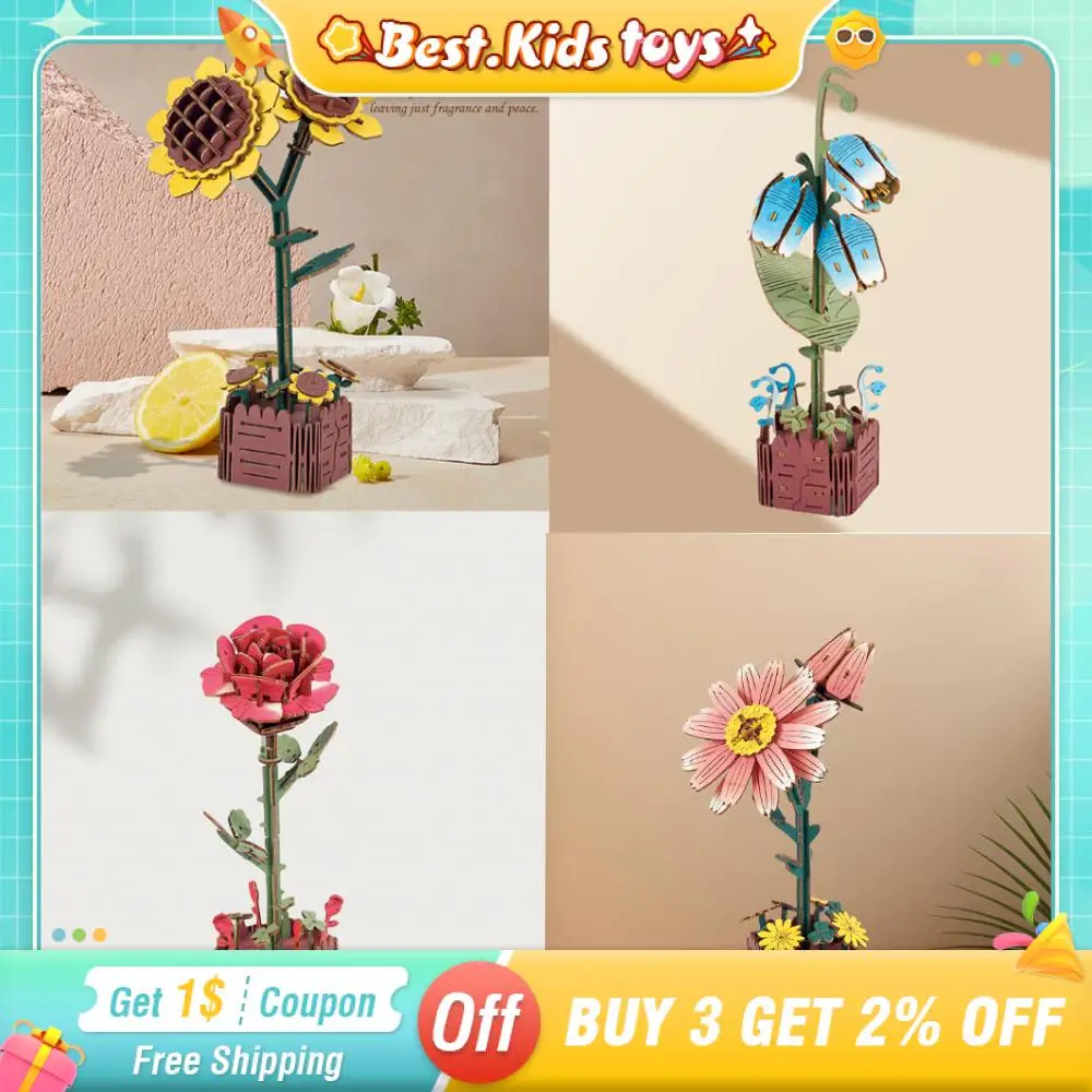 Blocs de construction de roses en bois 3D, Bouquet de tournesol, Kits de modèles artisanaux, fleurs éternelles, cadeau romantique pour anniversaire, fête des mères