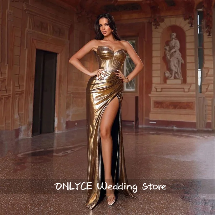 

Gold Mermaid Evening Dress 2025 Sweetheart Side Split Prom Party Gown Wedding Reception Gowns Customized