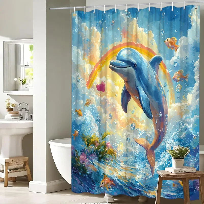 

Занавеска для душа с изображением Дельфина и океанской сцены — прыгающий дельфин с радугой, волной и закатом, полиэстер, 70,8x70,8 дюйма, 12 крючков, моющаяся