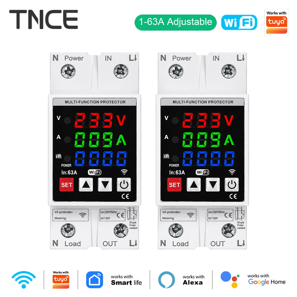 TNCE Tuya WIFI Smart Circuit Breaker 3in1 Display 2P 63A Energy Meter Metering Timer With Voltage Current Work With Tuya Alexa