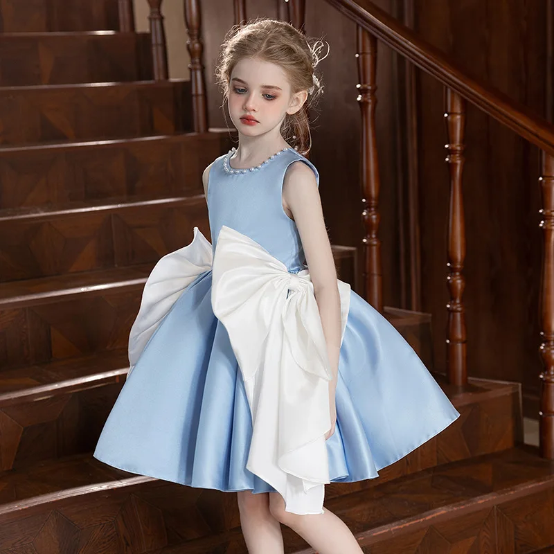 

2026 Elegant Girl Princess Dress Birthday Party Dresses with Big Bows Solid Color Pearl Collar Decoration 5-11Y Child Clothes