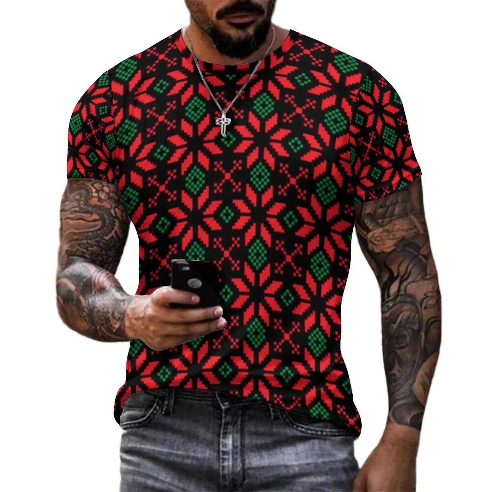 Plus Size T-Shirt Summer Christmas Holiday Nordic T-Shirts Winter Snowflake Casual O-Neck Tee Shirt Men Retro Custom Tees