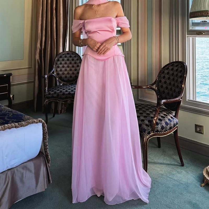Women's Fashion Splicing Draped Solid Long Dress Sexy Backless Waist Party Dress Elegant Off Shoulder Short Sleeve Gowns Dress