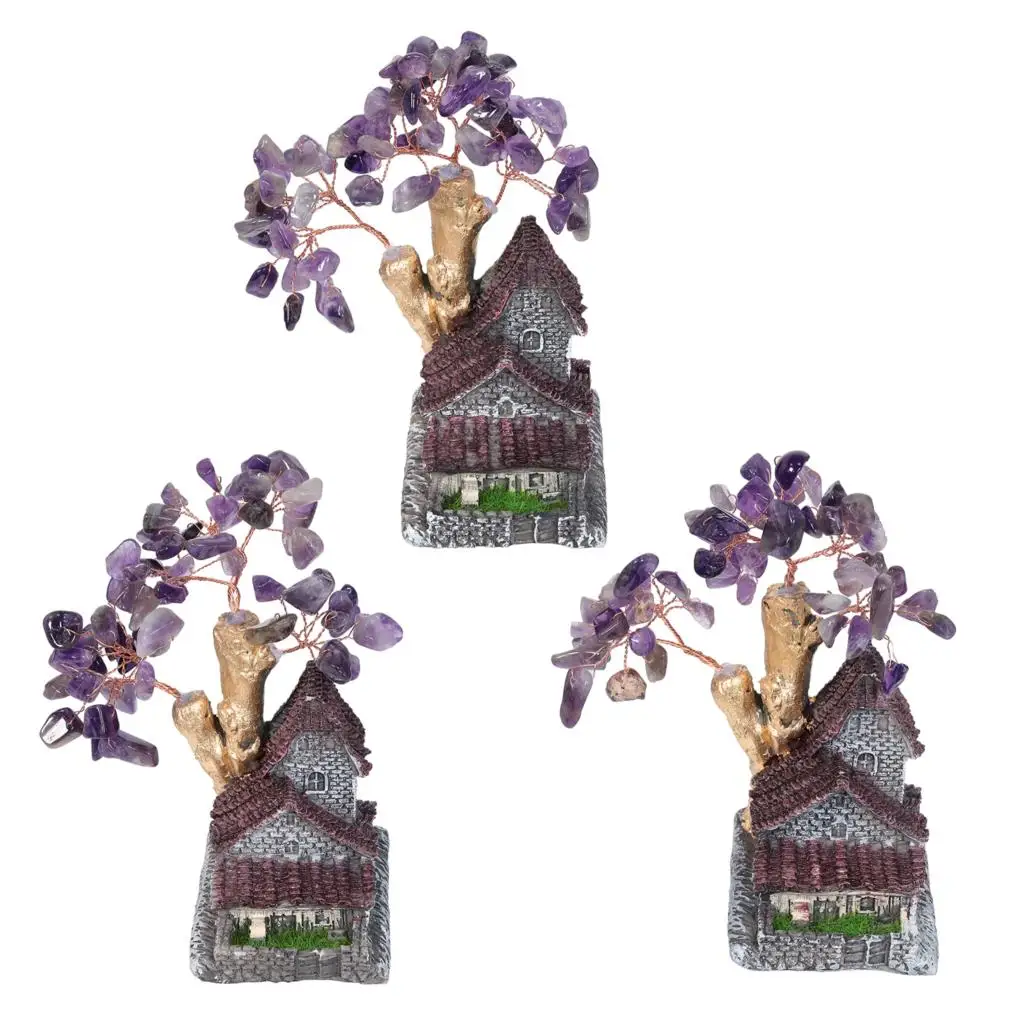 

Natural Amethyst Crystal Money Tree Resin House With Simulation Grass Micro Landscape Figurine For Home Decor Ornaments