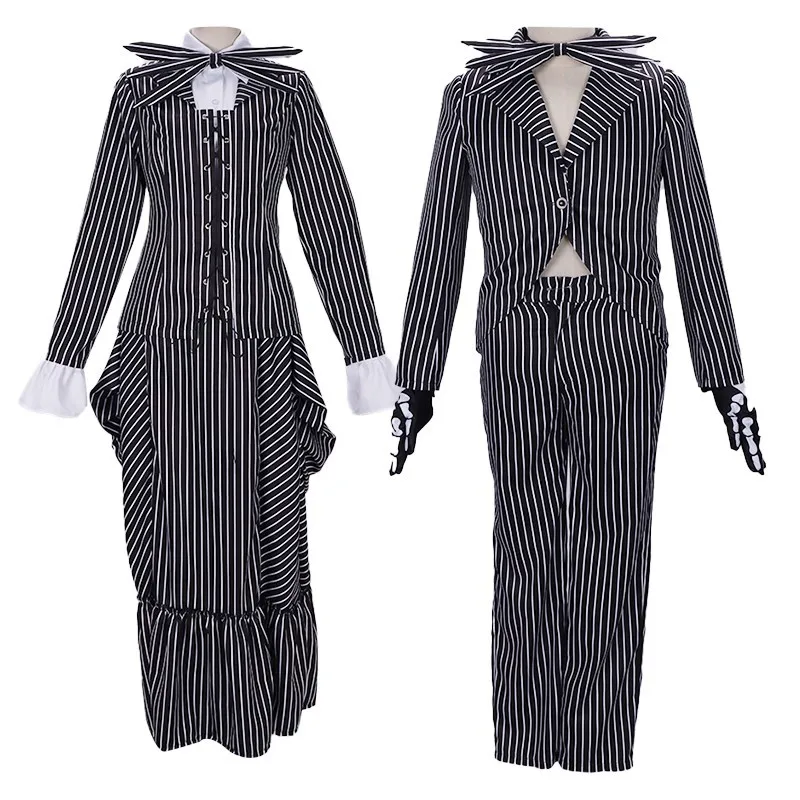 Jack Skeleton ton Cosplay Kostüm Film der Albtraum Cosplay vor Weihnachten gestreifte Top Hose Outfit Halloween Party Uniform