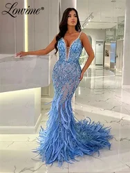 Sparkly Sequined Blue Prom Dress Silver Crystals Spaghetti Straps Mermaid Feathers Party Gowns Women Evening Dresses See Through