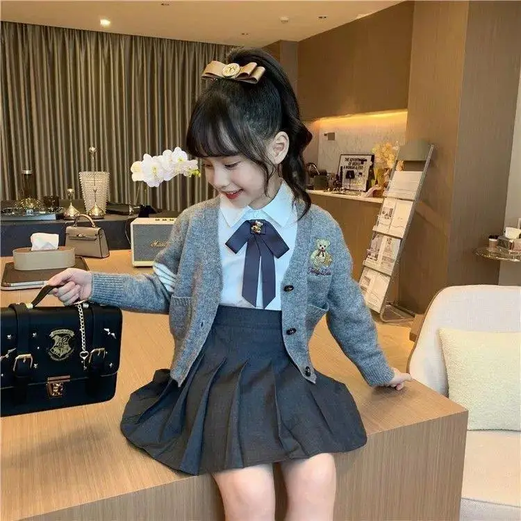 Girls Autumn Clothing 2022 New JK Preppy Style Uniform Suit White Shirt Short Skirt Cardigan Medium and Large Children\'s Set