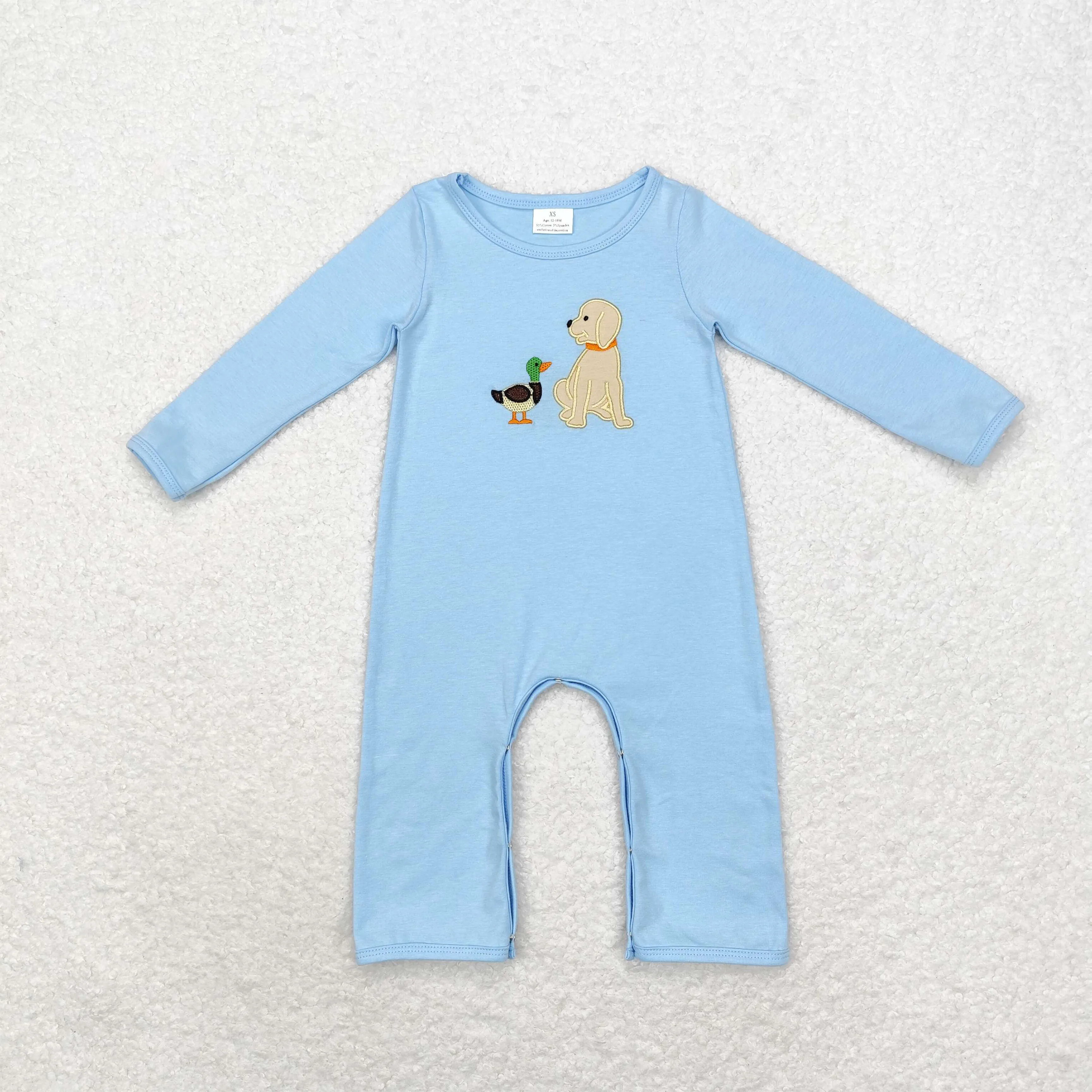 Wholesale Newborn Coverall Bodysuit Long Sleeves Jumpsuit Baby Boy Toddler Embroidery Dog Duck Sky Blue Romper Kids One-piece