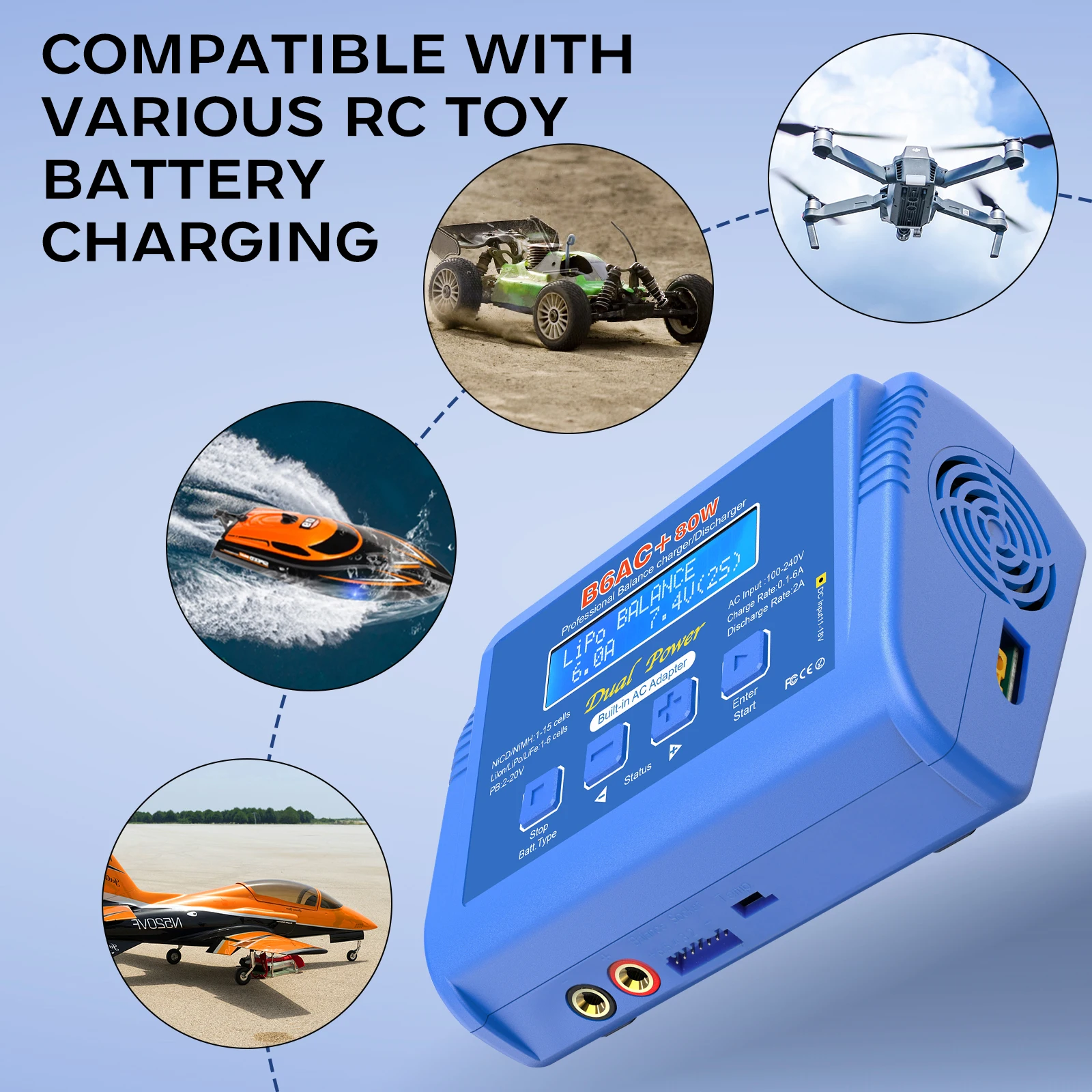 HTRC B6AC 80W Lipo Battery Charger RC Balance Smart Digital Charger for 1S-6S LiPo Life Li-ion 1-15S NiCD NiMH PB Smart Battery