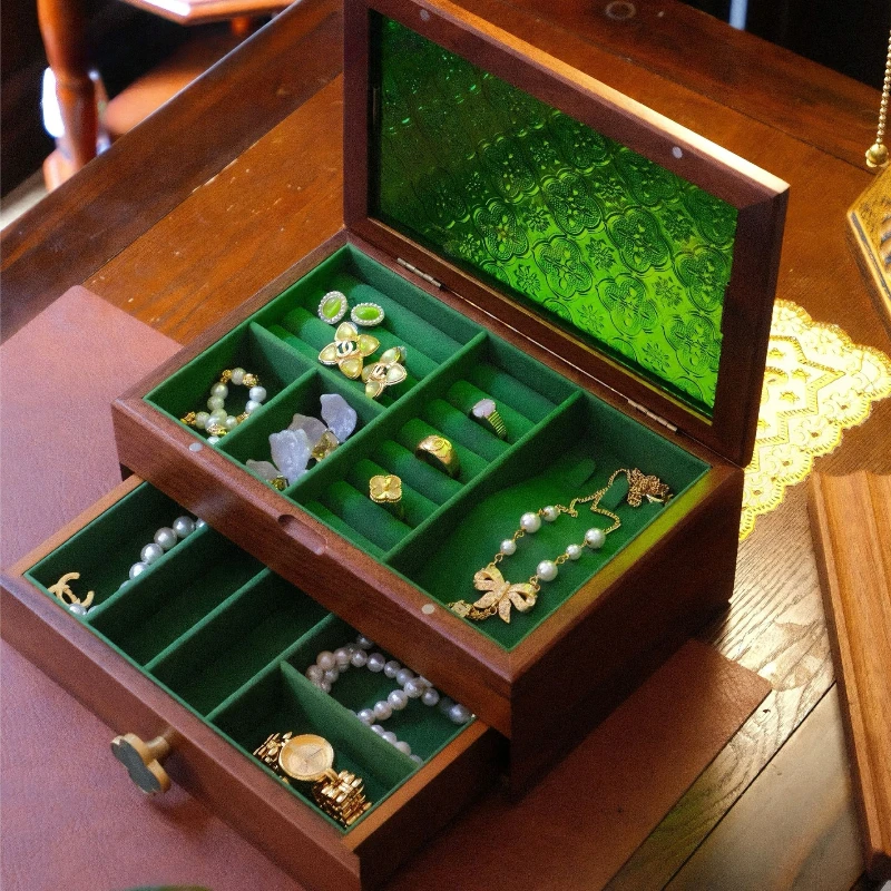 Walnut Wood Jewelry Box Luxury Retro Ring Storage Boxes Double Layer Necklaces Display Case Jewellery Organizer Supplies Gift