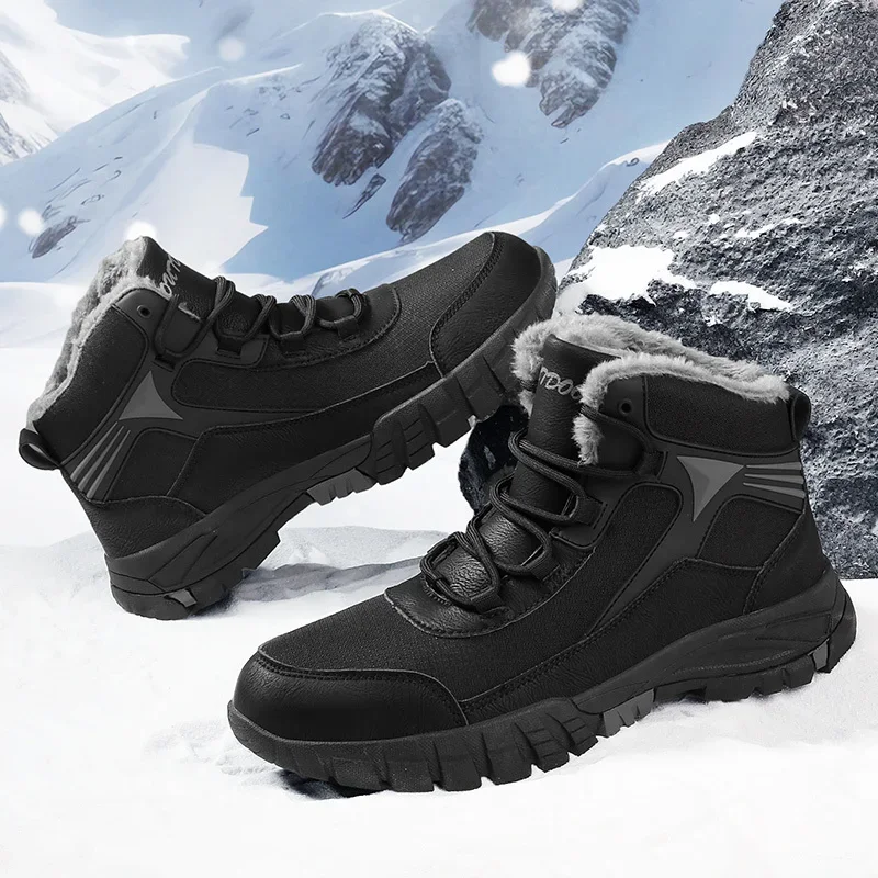 

2024 High Top Men Boots Plush Warm Ankle Boots Men Lace Up Snow Boots Winter Leather Luxury Hunting Sneakers Outdoor Hiking Shoe