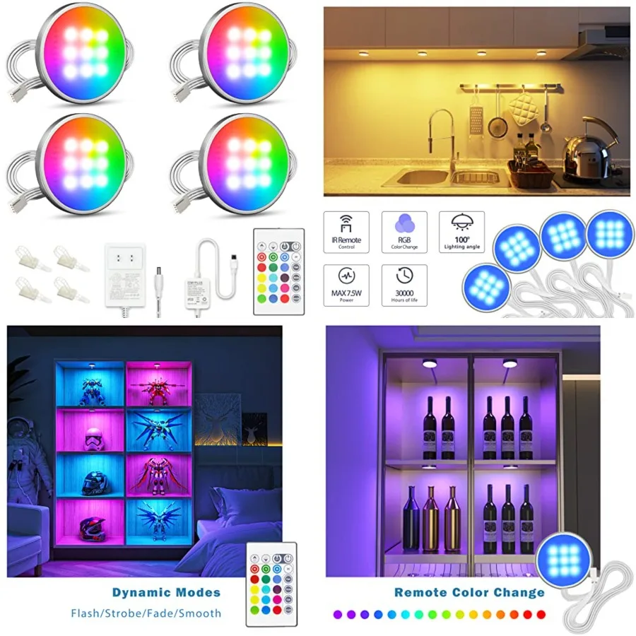 

Under Cabinet Lighting Kit, Puck Lights with Remote Control Changing and Bright LEDs, 12V, 7.5W Plug-in Wired led Lighting kit