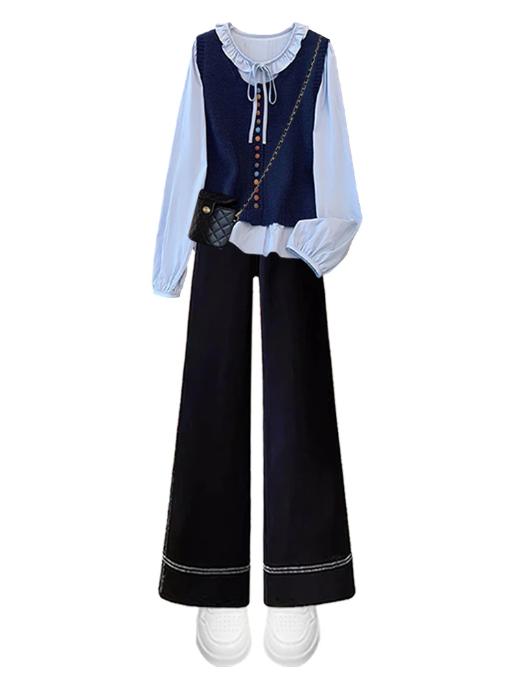 طقم نسائي من قطعتين بأسلوب الكلية للخريف والشتاء: كنزة محبوكة بياقة دمية وجينز بخصر مرتفع بألوان متباينة، أزياء كاجوال عصرية #1