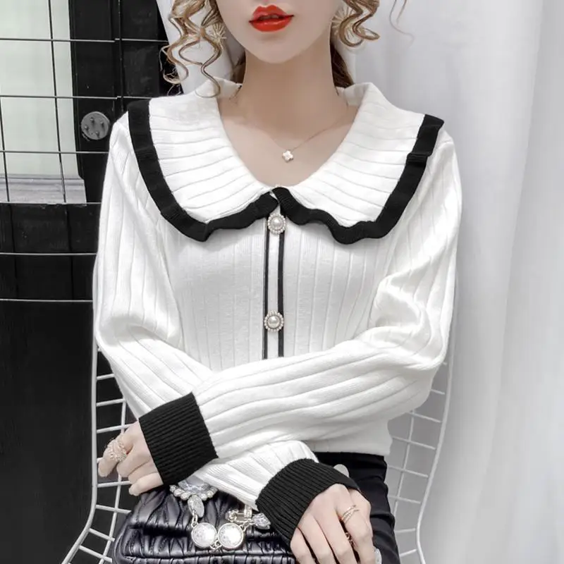 Stylish Peter Pan Collar Button Spliced Sweaters Female Clothing 2022 Autumn New Oversized Casual Pullovers All-match Sweet Tops