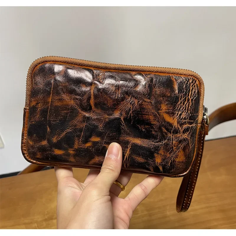 Genuine leather first layer vegetable tanned cowhide clutch bag retro storage bag certificate mobile phone report