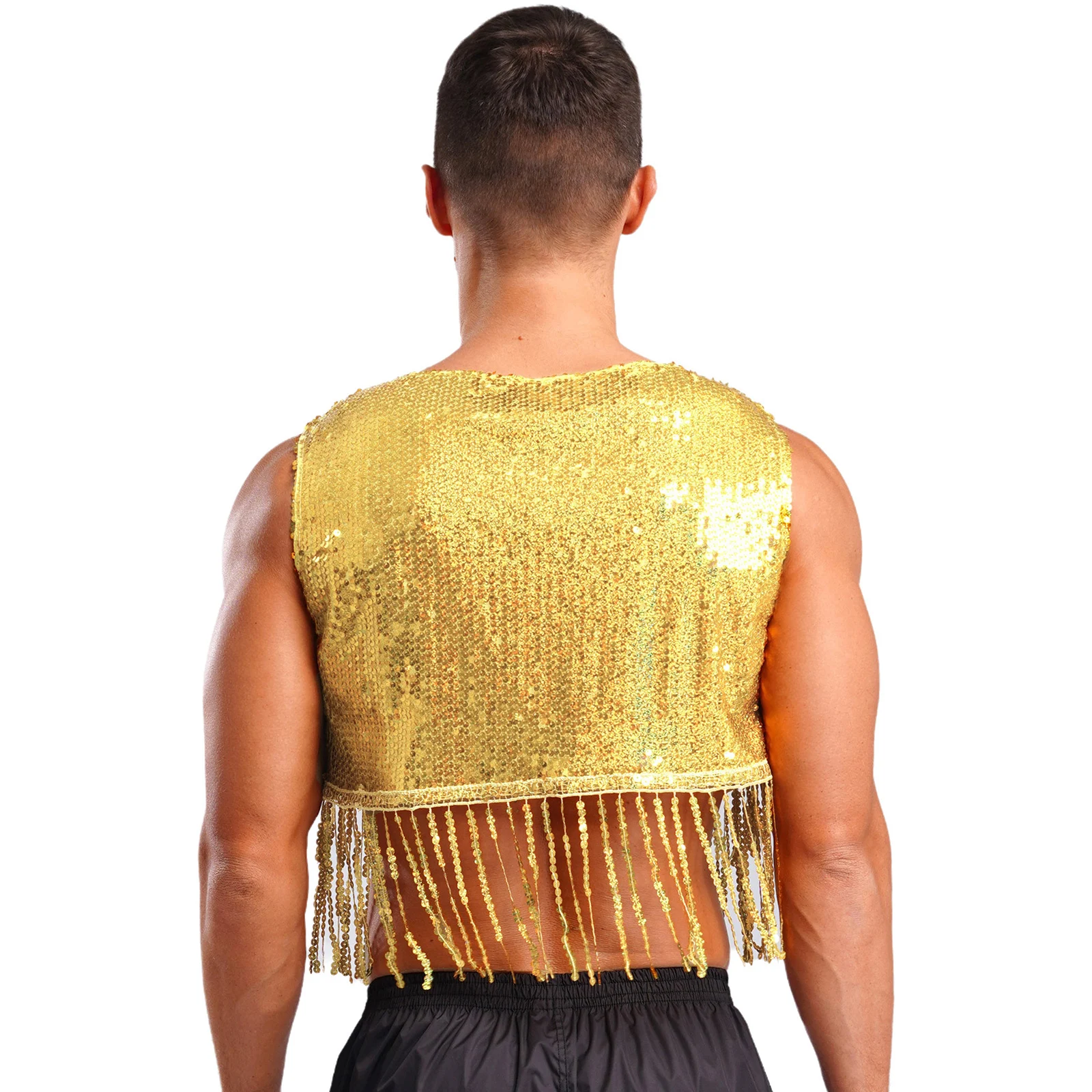 Mens Shiny Sequin Waistcoat Open Front Crop Vest Sleeveless Tassels Fringed Cardigan for Vintage 70s 80s Disco Party Clubwear