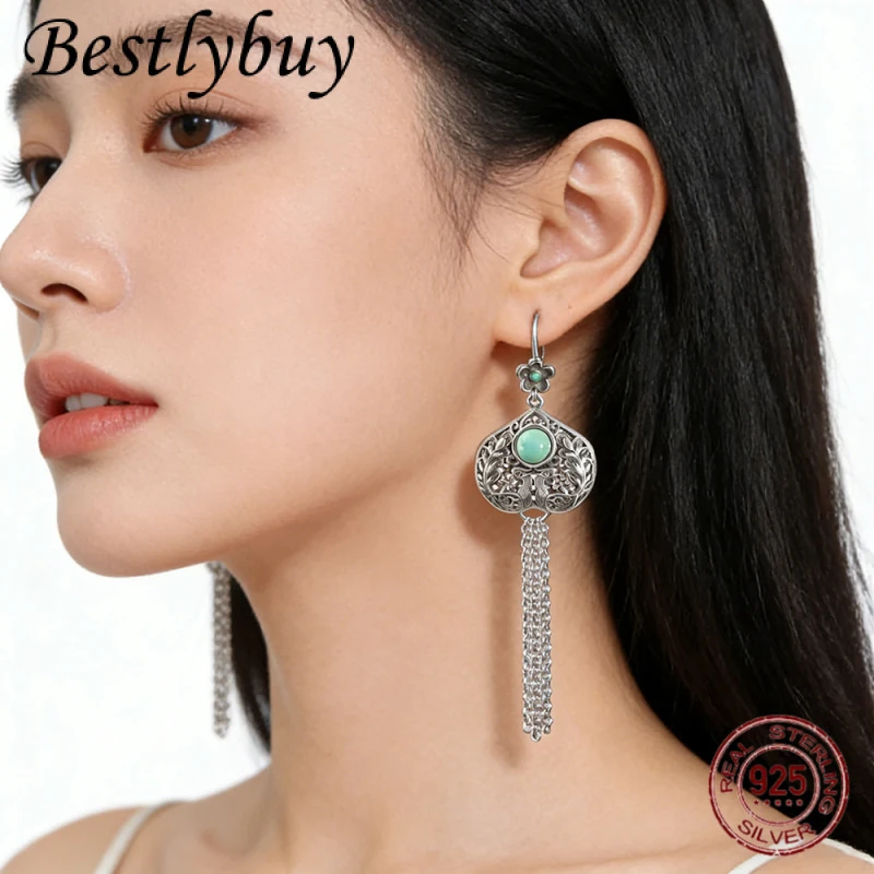 

Natural Turquoise S925 Silver Retro Heart-shaped Hollow Unique Design Long Earrings For Women's Fashion Gift 2026 New